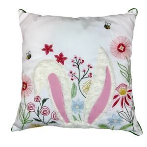 Throw Pillow EASTER BUNNY FUZZY EARS 17x17 Embroidery Flowers Spring